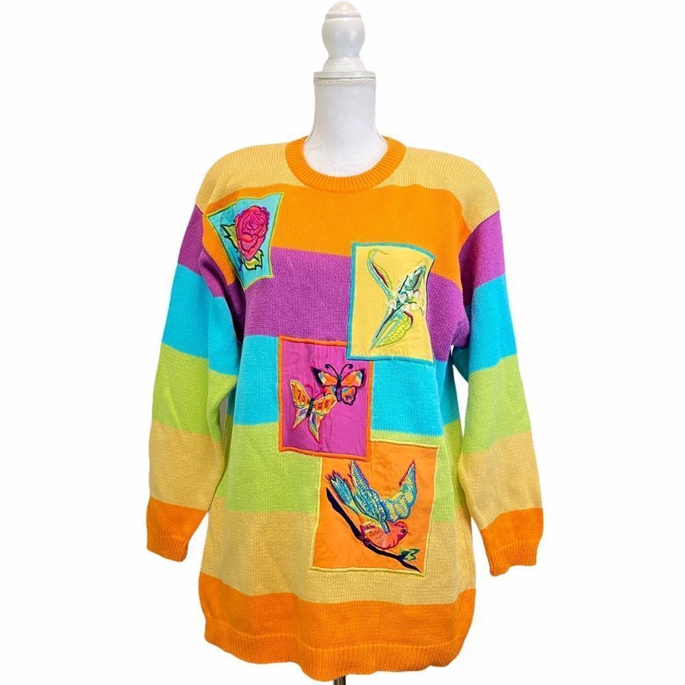 Vintage Rainbow Oversized Medium Knit Embroidered Sweater Patchwork